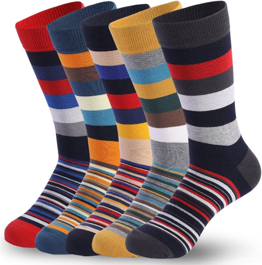 5 pairs of Nordic men's cotton colorful striped casual socks, sizes 8.5-13, moisture wicking, suitable for all seasons.